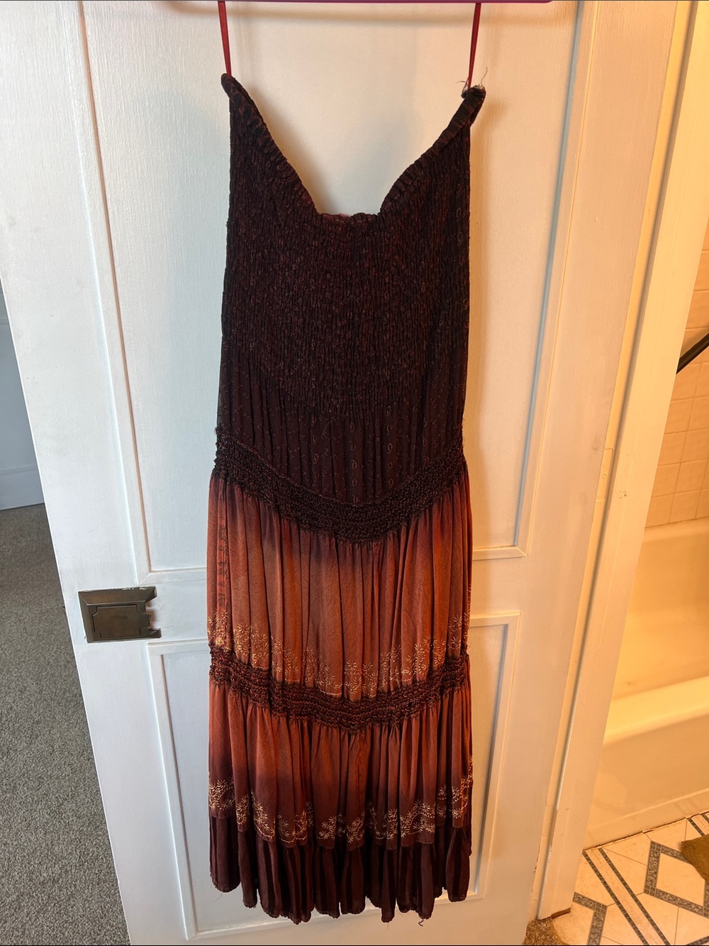 Smocked Strapless Ombre Maxi Dress in Brown and Rust